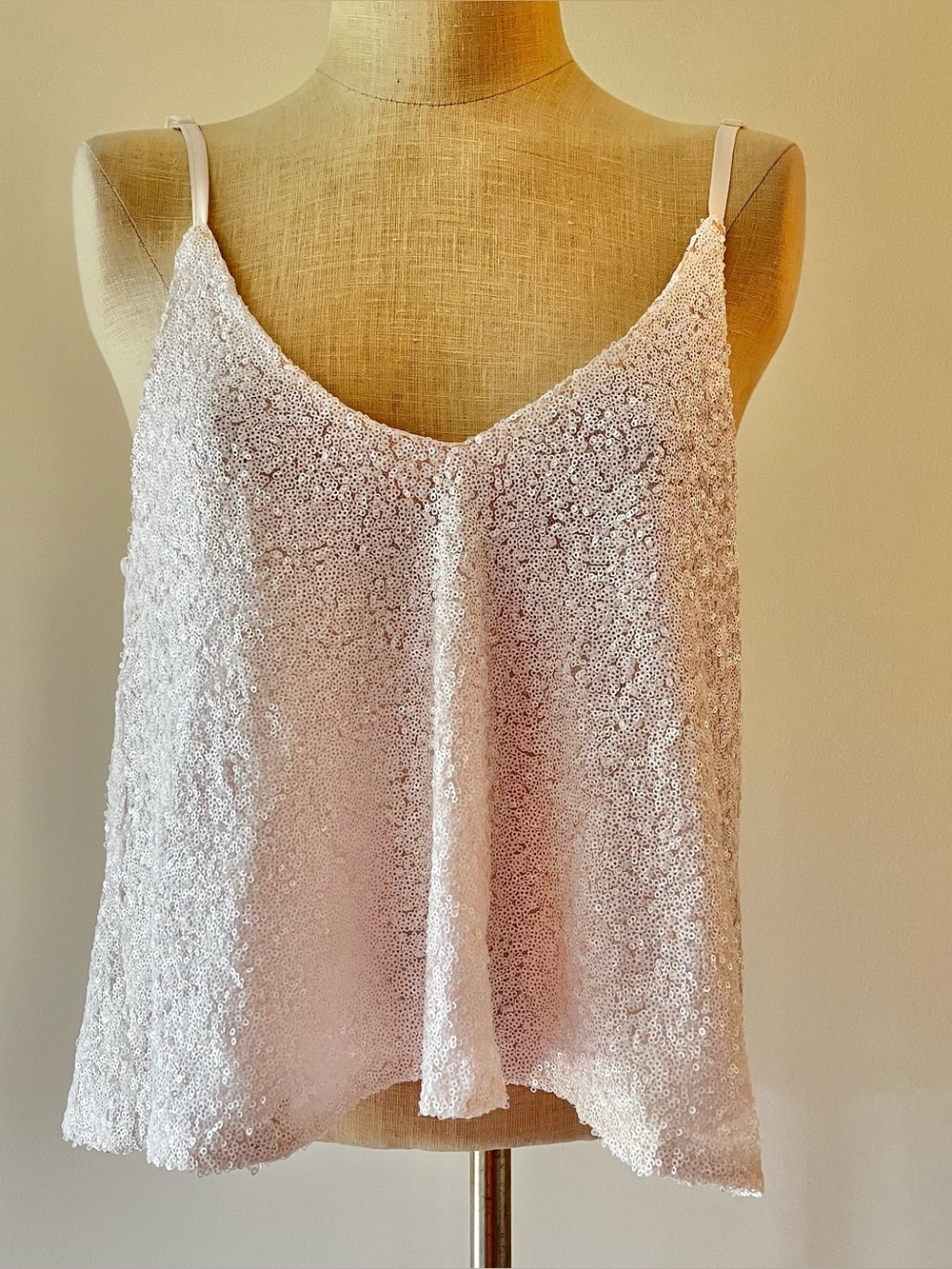 Women's Sequined Spaghetti Strap low back Tank Top - White/ light pink lined